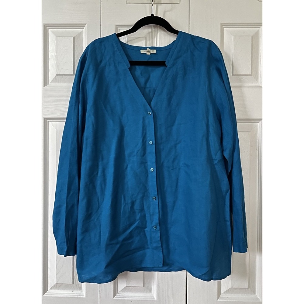 Eileen Fisher Woman Blue Irish Linen 3/4 Sleeve Mandarin Collar Blouse Sz XL